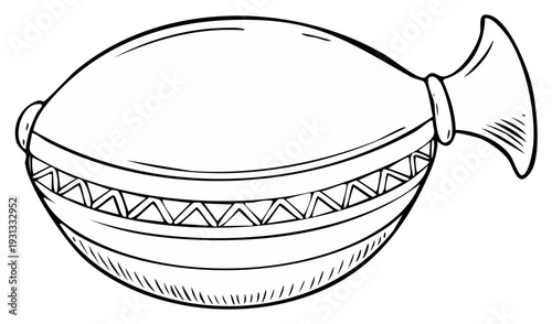 Coloring book page line drawing of an ancient clay canteen with a decorative geometric triangle ornament