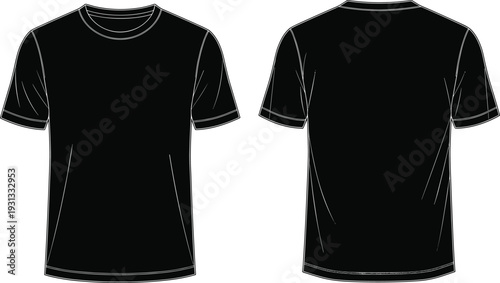 Black t shirt front and back view mockup, realistic blank apparel template isolated on white background vector illustration