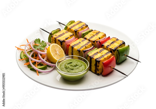 Paneer Tikka Kebabs with Mint Chutney and Salad