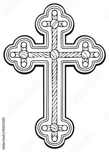 Black and white Orthodox Christian cross design on white background, graphic art