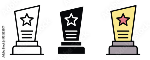 Star trophy award and achievement icon set. Prize plaque symbol for winner recognition, corporate success, and excellence celebration design. Vector Illustration.