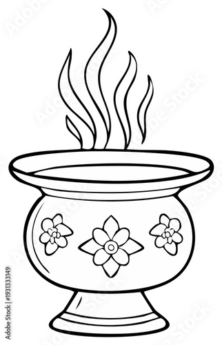 Traditional incense burner with flames and floral design line art illustration
