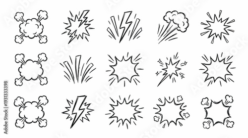 Comic Action Elements Collection featuring 15 Hand-Drawn Vector Graphics including Explosions Lightning Bolts Cloud Bursts and Dynamic Starbursts for Graphic Storytelling Gaming Visuals