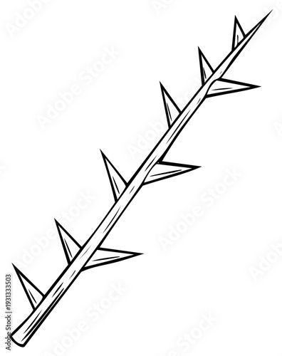 Illustration of a thorny branch with sharp points in black and white
