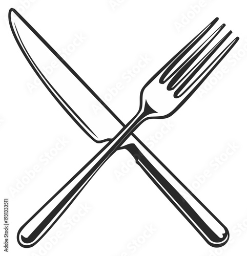 Crossed fork and knife illustration, dining silverware design