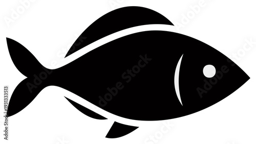 Silhouette illustration of a black fish with a white eye and fin, representing aquatic life