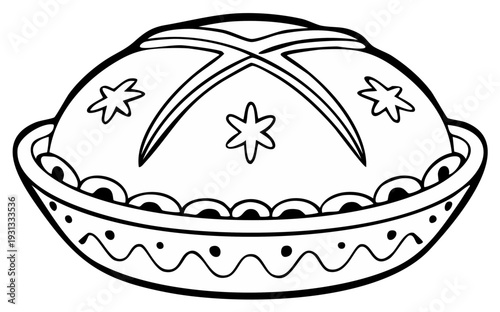 Festive decorated pie in an ornate bowl, black and white line art for coloring book page