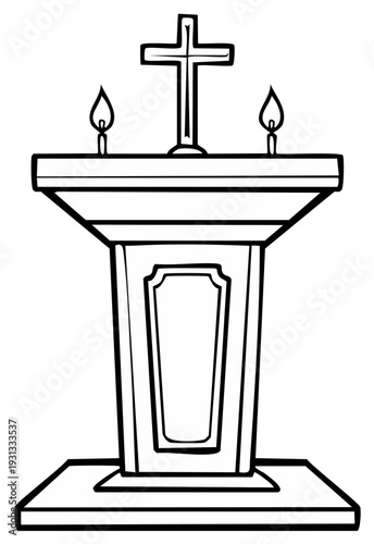 Hand drawn church pulpit with a holy cross and candles vector line art illustration for coloring