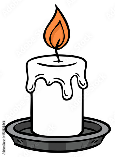 Cartoon drawing of a white burning candle with dripping wax and bright orange flame on a stand
