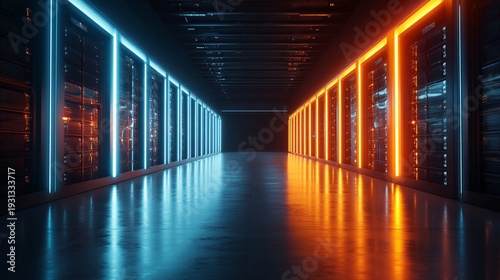 A futuristic server room with rows of illuminated computer servers in blue and orange lights