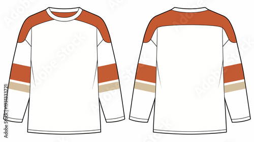 Crewneck Long Sleeve Shirt with Burnt Orange Shoulder Panels and Neutral Tan Sleeve Stripes for Autumn Season Athletic Branding Club Sports Uniforms and Custom Lifestyle Activewear Mock-up
