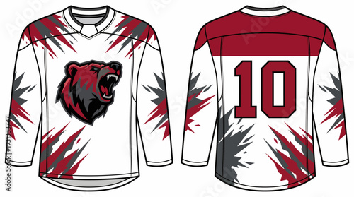 Long Sleeve Shirt with Fierce Bear Head Logo Bold Crimson Red and Slate Grey Jagged Graphics and Player Number 10 for Collegiate Athletics Professional Hockey Team Branding and Custom Fan Merchandise 