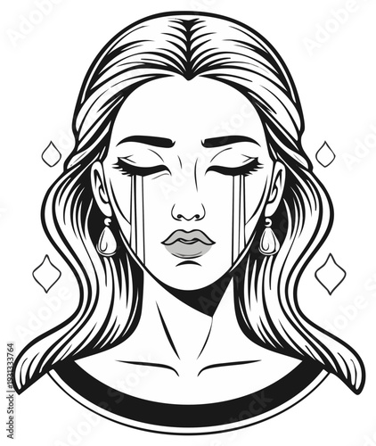 Illustration of a woman with long hair and tears, closed eyes, and diamond shaped details