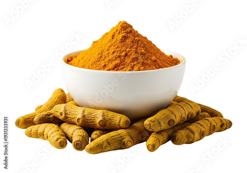 Fresh Turmeric Roots and Golden Powder in White Bowl