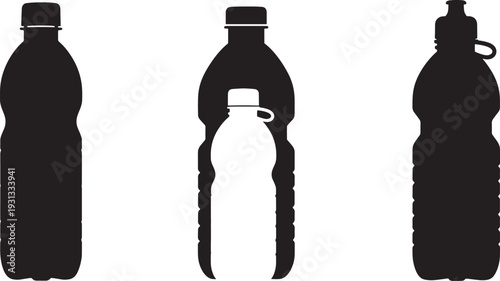 Black and white plastic bottles with different caps and silhouettes bottle silhouettes