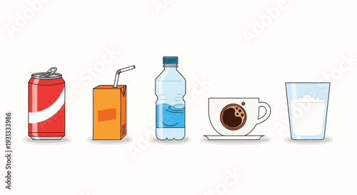 Collection of assorted beverages in containers and a glass.