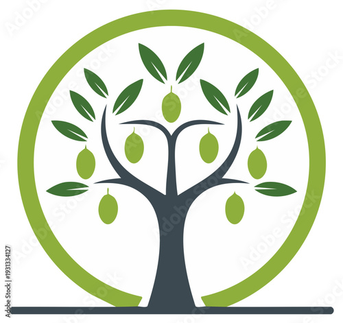 Olive tree logo icon with green leaves and olives surrounded by a green circle
