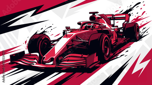 Stylized Red Open-Wheel Race Car with Bold Black and White Speed Motion Lines for Motorsports Branding Fan Merchandise and Grand Prix Sports Event Graphics Vector Art