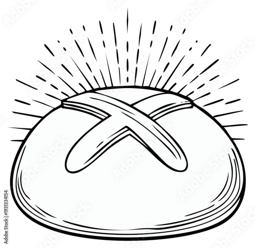 Loaf of Bread with X Cross Cut Topping in Black and White Line Art Style