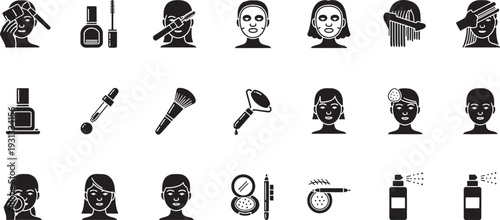 Black and white silhouettes of people applying makeup and beauty products to faces