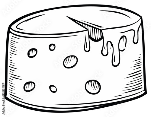 Hand Drawn Illustration of a Round Cheese Wheel with Dripping Melted Cheese and Holes