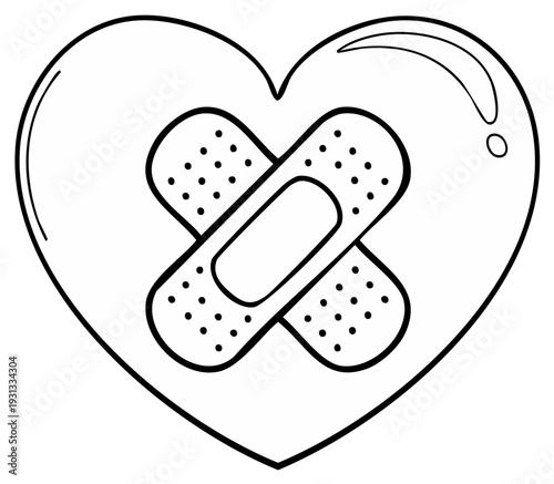 Black and white illustration of a heart with two crossed adhesive bandages applied to it