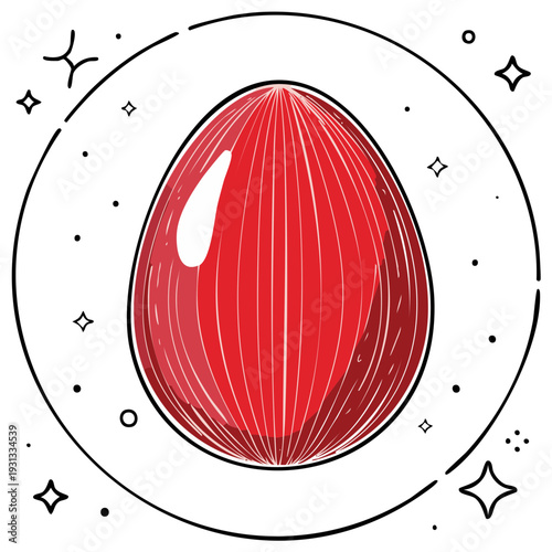 Vibrant Red Egg Surrounded by Celestial Sparkle and Cosmic Aura Hand Drawn Illustration