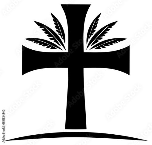 Black Christian cross design with plumes and subtle curved base isolated on white