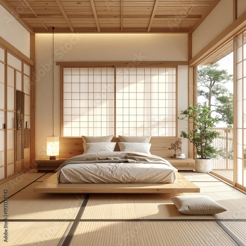 Modern Japanese Tatami Bedroom with Shoji Window Light