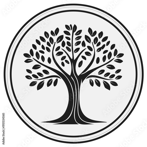Silhouette of a tree in a circular badge emblem