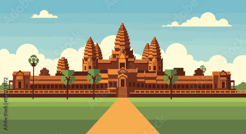 Illustration of Angkor Wat temple complex in Cambodia with lush greenery.