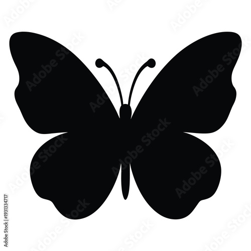Simple black butterfly silhouette on a white background with symmetrical wings
