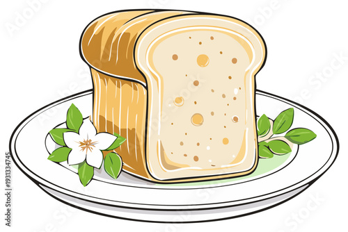 Illustration of Sliced White Bread Garnished with Leaves and Flower on a Plate Fresh Baked Loaf Cartoon Graphic