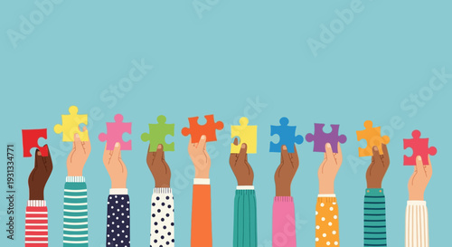 Diverse hands holding colorful puzzle pieces together.