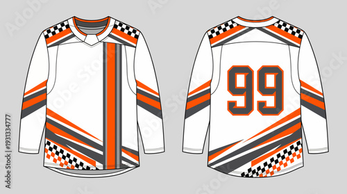 White Long Sleeve Shirt with Orange and Grey Geometric Stripes Checkered Patterns and Number 99 for Motocross Racing Esports Apparel and Custom Team Uniform Branding Vector Illustration