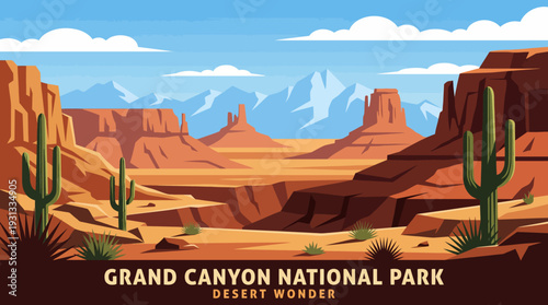 Flat Design Desert Landscape with Saguaro Cactus Red Rock Formations and Snow-Capped Mountains for Travel Marketing National Park Souvenirs and Arizona Tourism Branding Vector Illustration