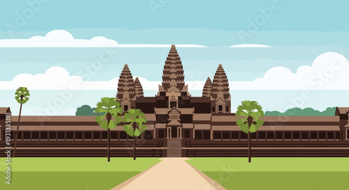 Ancient Khmer Temple Complex with Towers and Entrance Pathway.