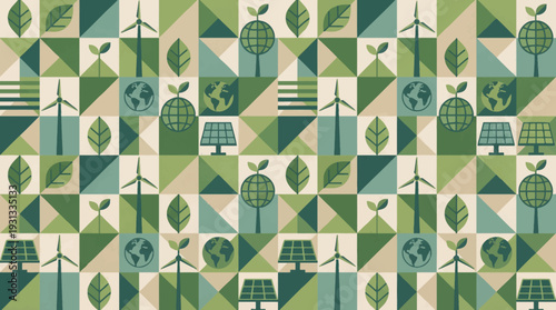 Geometric Icons of Wind Turbines Solar Panels Green Earth Globes and Leaves in Earth Tones for Sustainable Branding CSR Reports Environmental Awareness and Eco-Conscious Web Design Vector Graphic