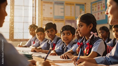 Indian School Children Learning in Classroom with Teacher during Lesson