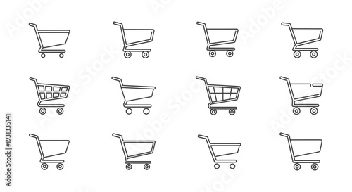a set of twelve outline shopping cart icons representing online commerce and retail sales for e-commerce websites