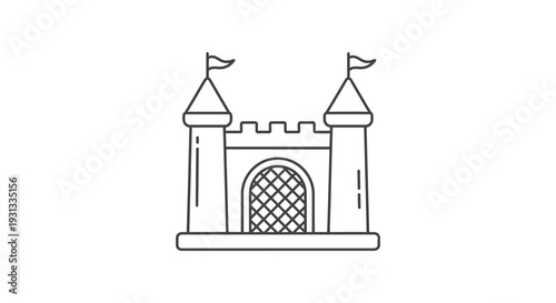 a simple minimalist castle icon with flags and battlements perfect for illustrating medieval fantasy and security concepts in design and web graphics.