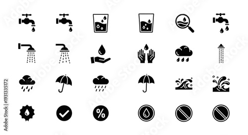a versatile collection of black and white water icons illustrating essential plumbing weather and hydration concepts for design.