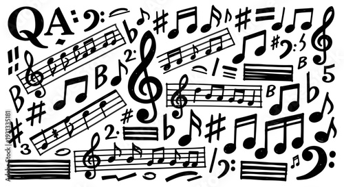 a vibrant hand-drawn musical symbols pattern featuring notes clefs and staves on white ideal for music education designs.