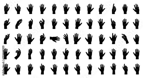 a wide array of black silhouette human hands showcasing diverse gestures and signs perfect for communication and design graphics