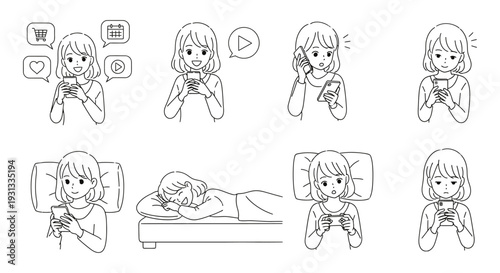 a young woman engaging with her smartphone in various daily scenarios depicting emotions and diverse digital lifestyle activities