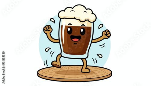 Smiling Stout Pint with Foamy Head on a Wooden Stage for Craft Beer Festival Promotions Pub Social Media Marketing and Whimsical Beverage Branding Vector Illustration