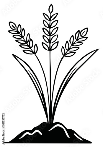 Black and white stylized illustration of three wheat stalks growing from fertile soil
