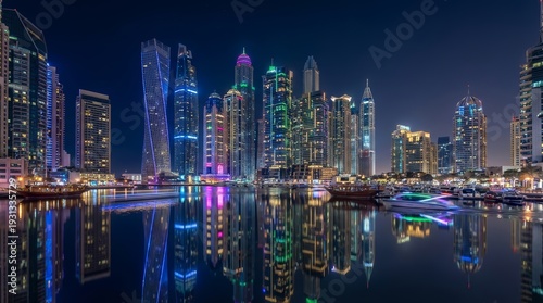 Dubai Marina Skyline Reflecting in Water at Night with Modern Skyscrapers and Vibrant City Lights