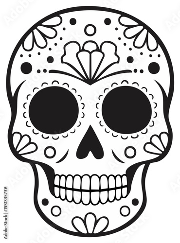 Black and white sugar skull design illustration. Decorative Day of the Dead graphic.