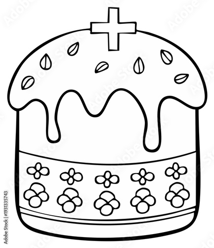 Easter cake illustration, traditional dessert with cross, outlines